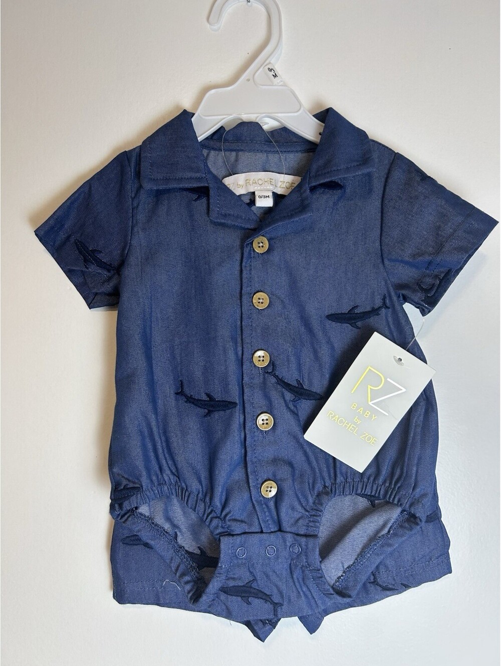 RZ by Rachel Zoe Blue Shark Print Cotton One-Piece Short Sleeve 0-3 Months